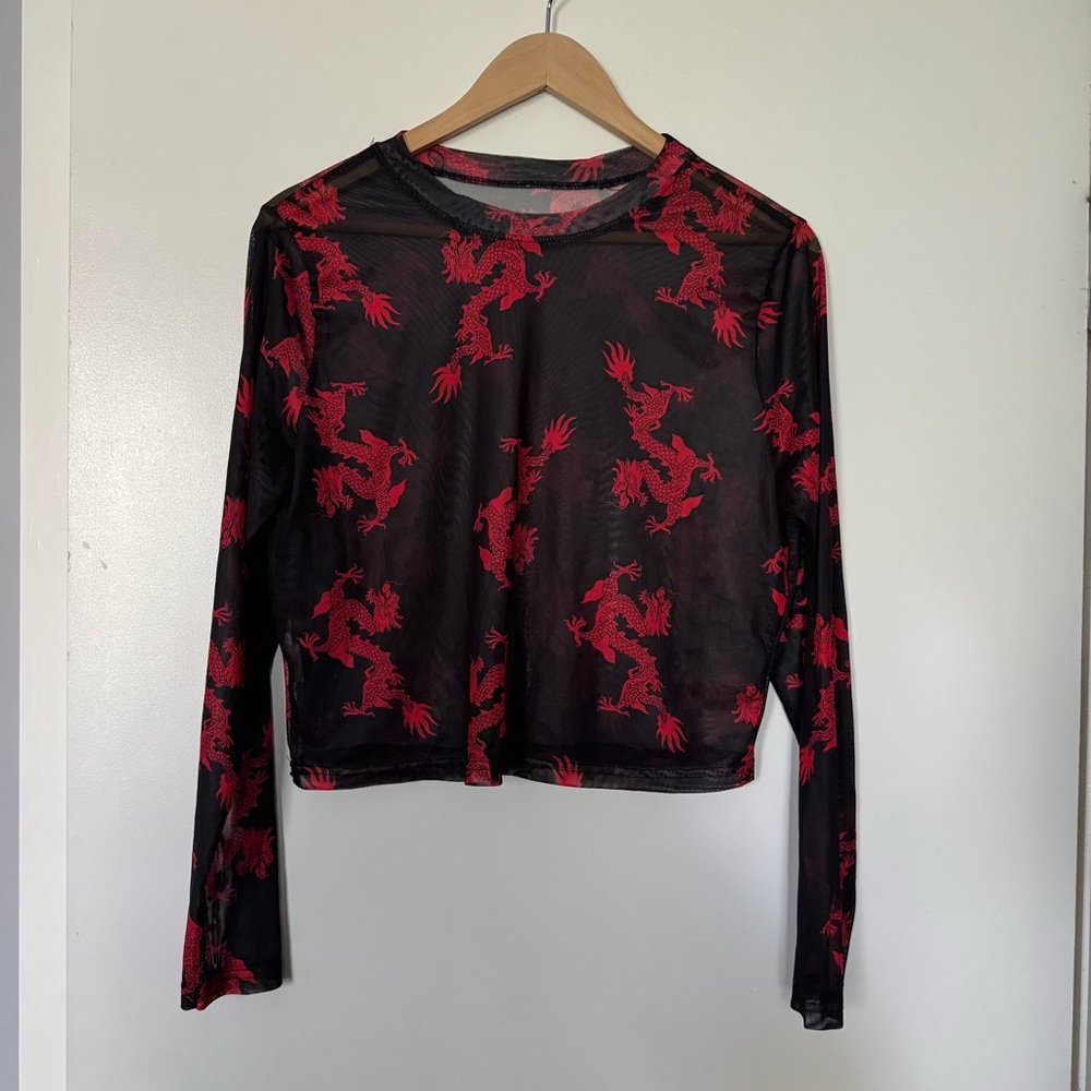 Black and Red Dragon Print Sheer Top